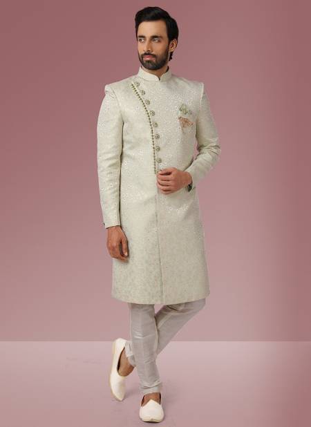 Pista Green Traditional Wear Jacquard Banarasi Brocade Indo Western Mens New Collection 1125